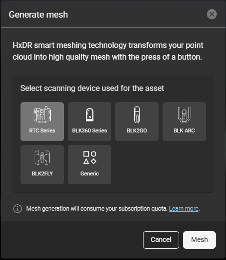 Interface for generating mesh from point cloud using various scanning devices.